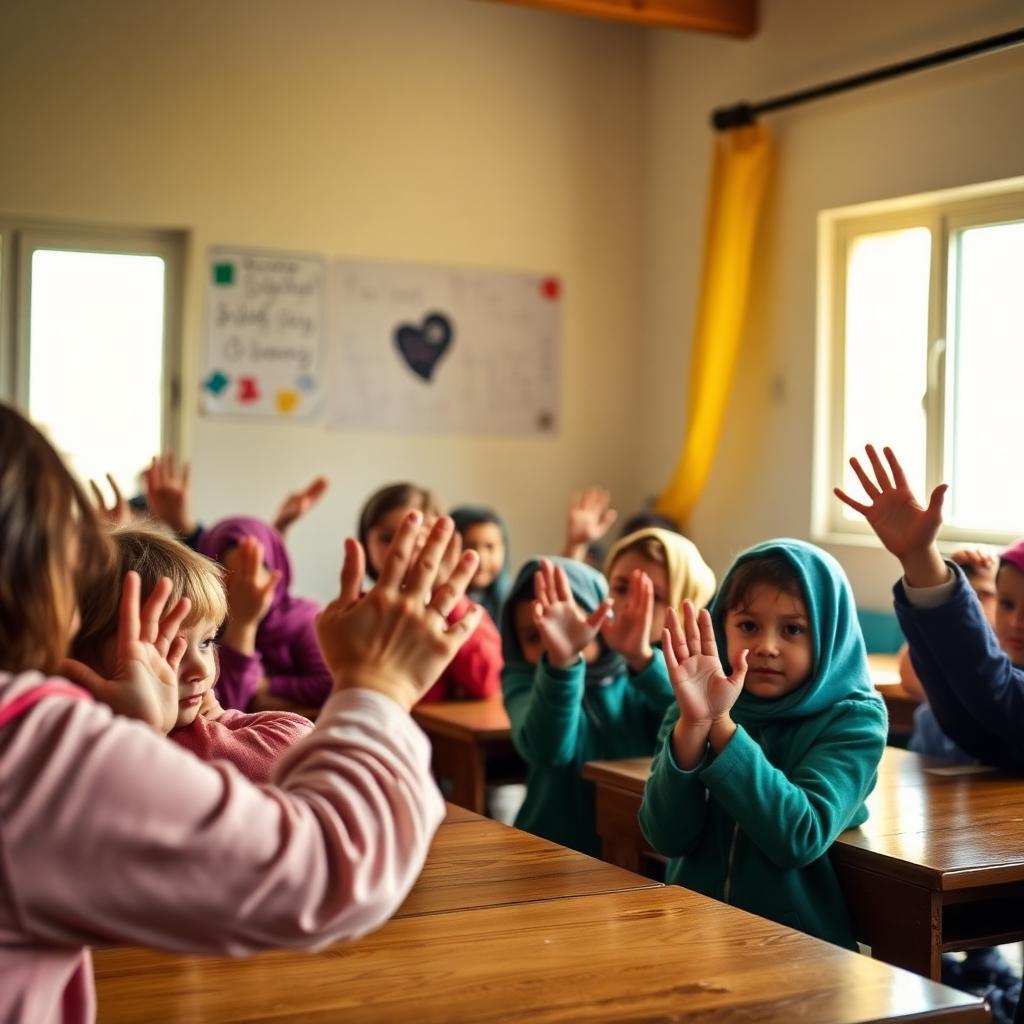 Children learning sign language in a Tajikistan classroom