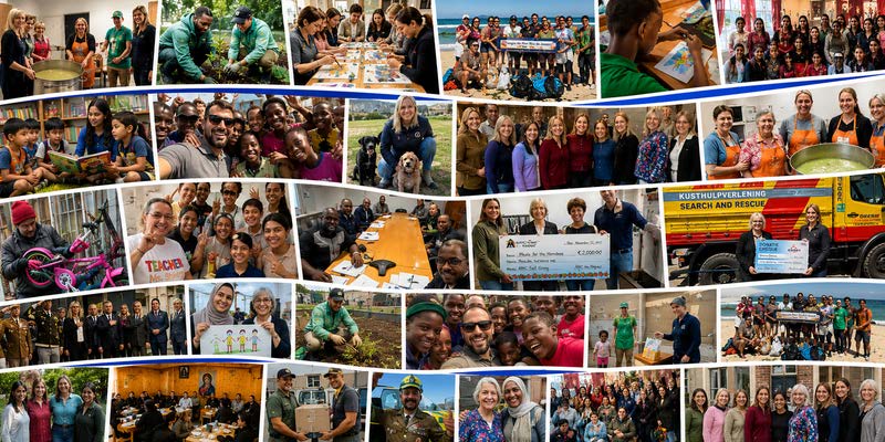 Photo mosaic of SOSA volunteers at work across 2022–2025 — community cooking, classroom teaching, beach cleanup, animal welfare, ceremony moments, rescue vehicles, and group portraits from many countries
