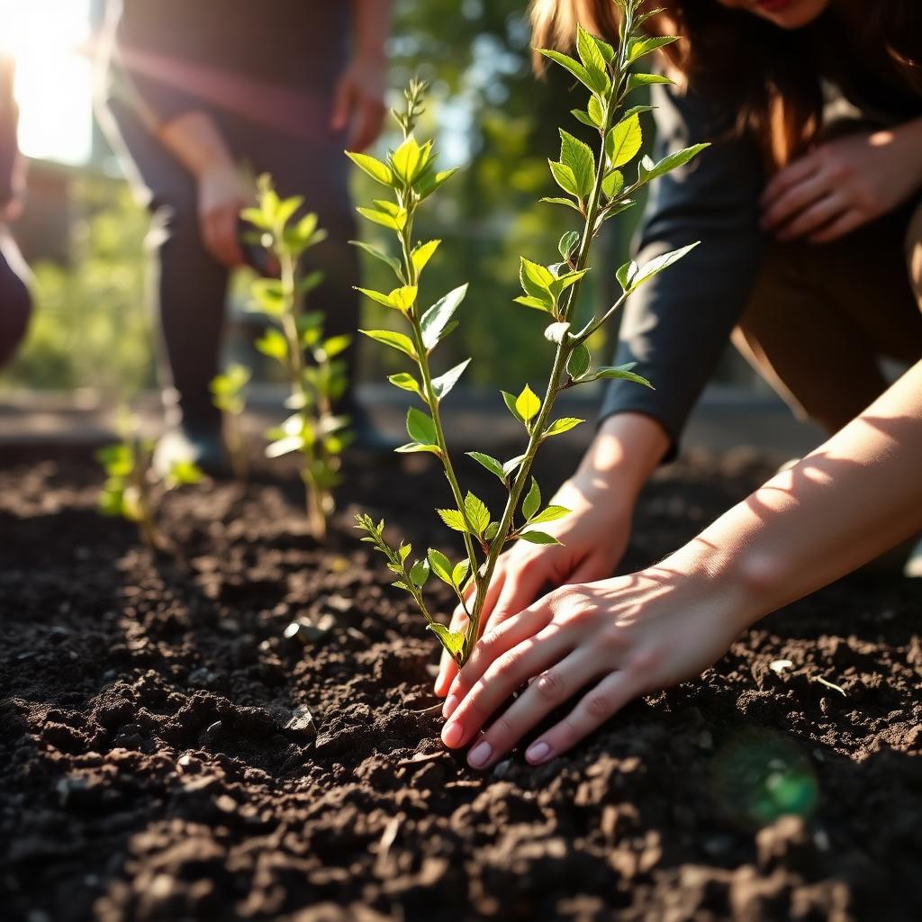 Volunteers planting trees in an urban food forest